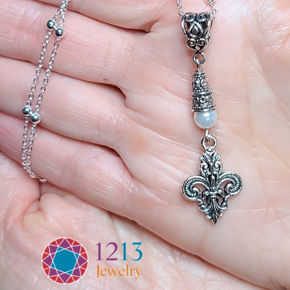 Handcreated Fleur De Lis Necklace on Sterling Silver Chain